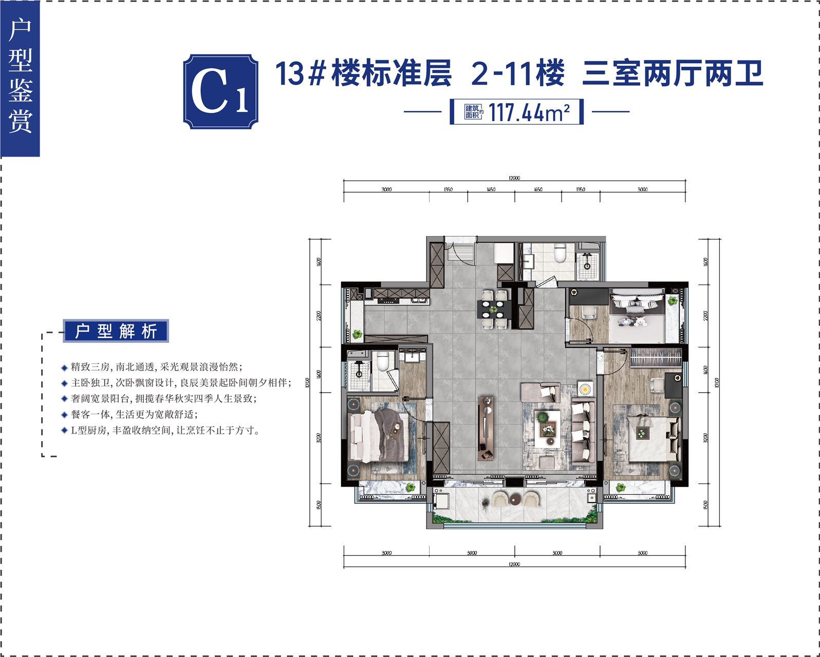 龙海泉城 小高层 C1户型 三室两厅两卫 建筑面积117.44㎡