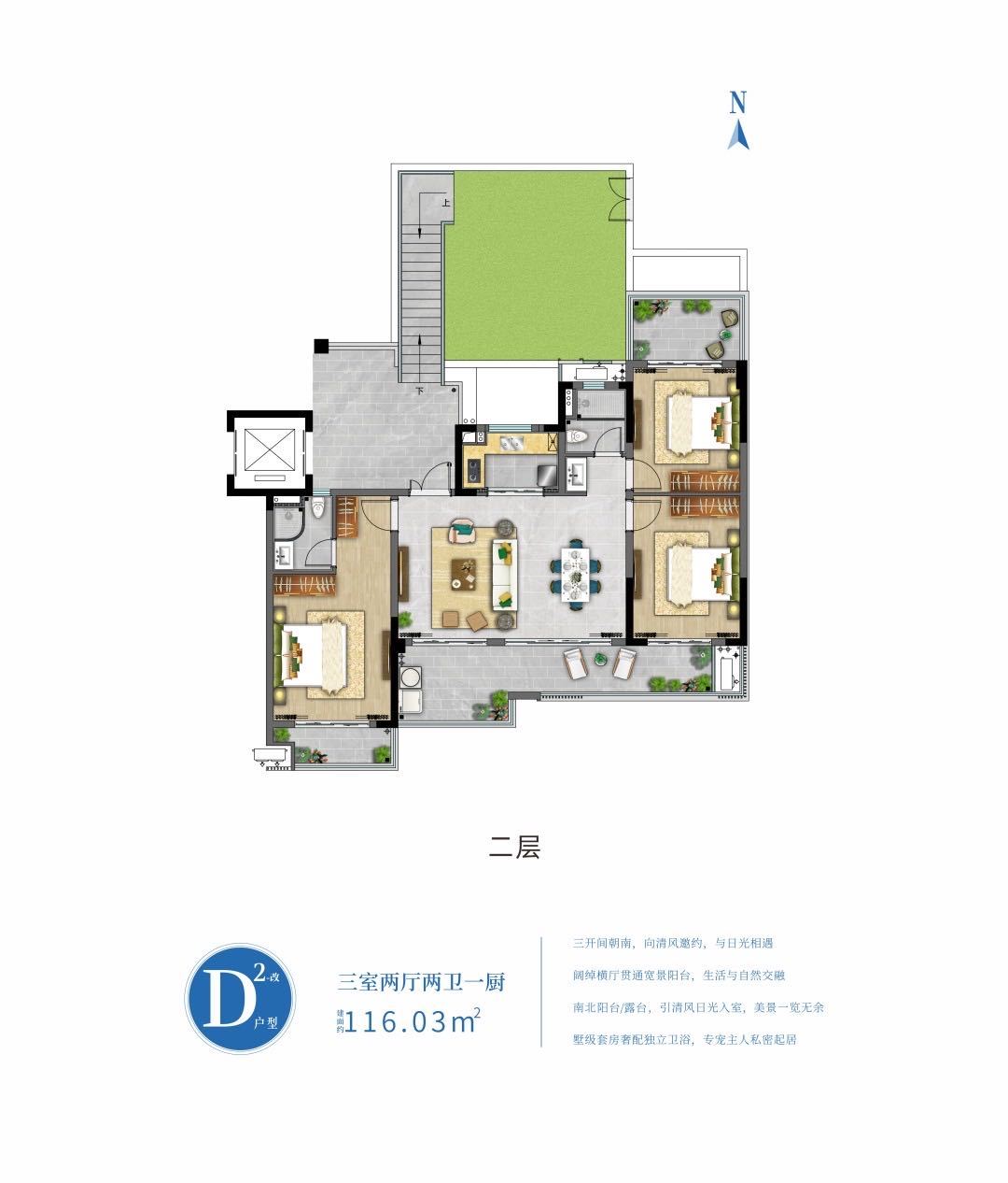 洋房 D2户型 三室两厅两卫 建筑面积116.03㎡