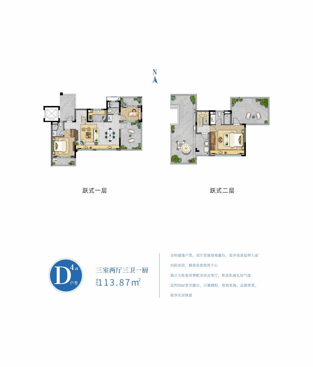 世茂怒放海 洋房 D4户型 三室两厅三卫 建筑面积113.87㎡