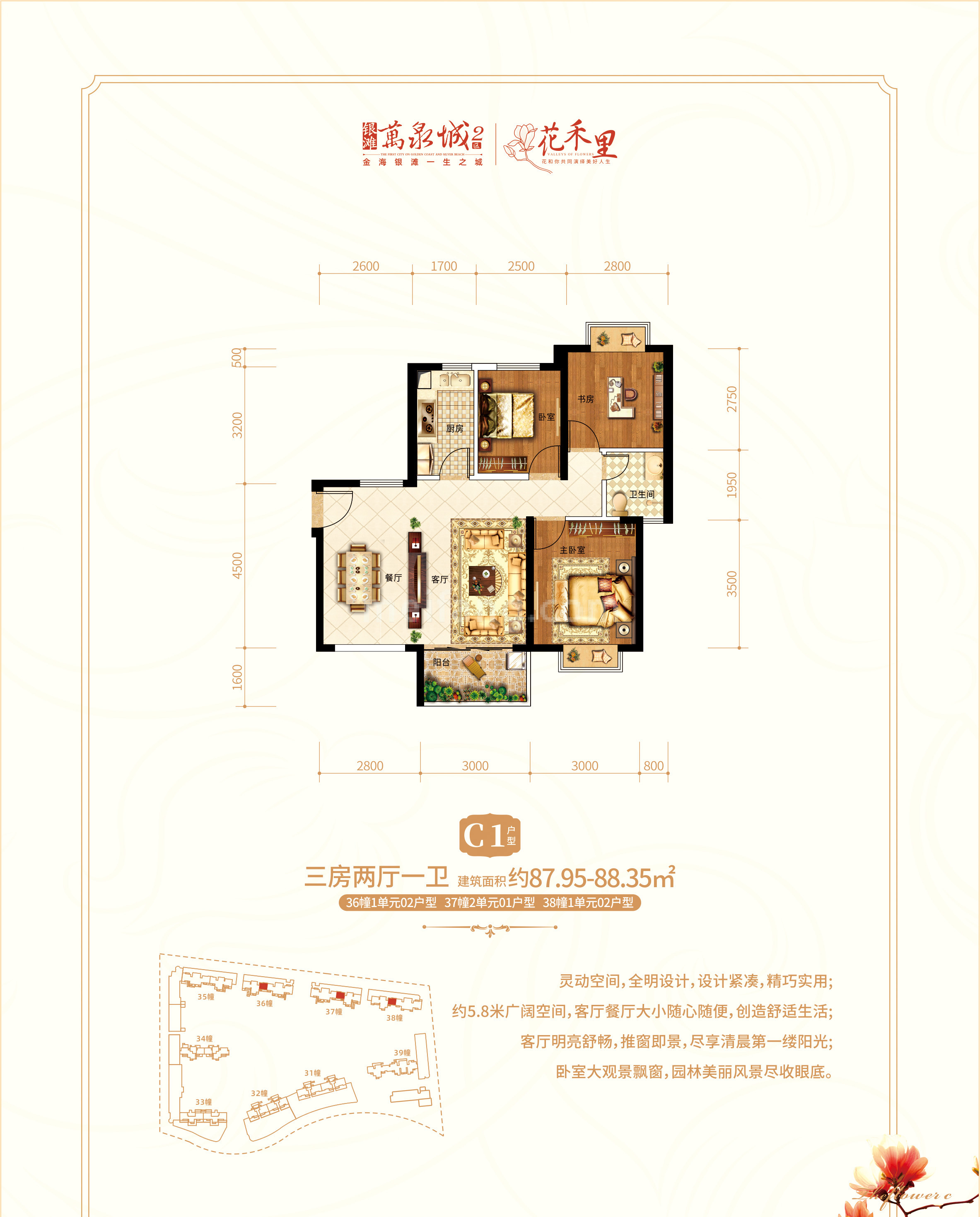 银滩万泉城2区高层  36幢1单元02户型、37幢2单元01户型、38幢1单元02户型 C1户型 三房两厅一卫 建筑面积87.95㎡