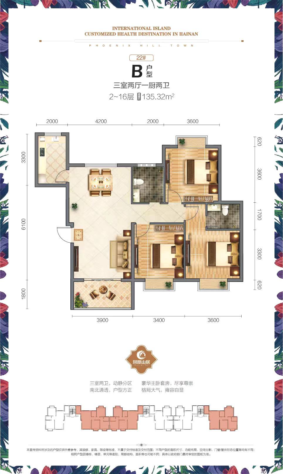 凤凰山居 高层 B户型 3房2厅2卫 建筑面积135.32㎡