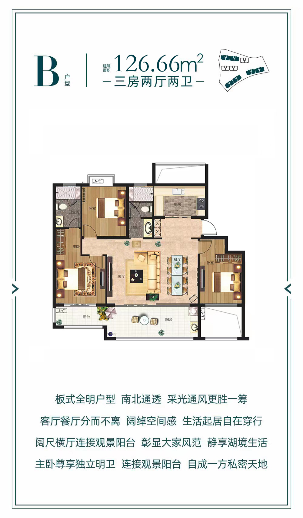 东成湖光里 洋房 B户型 3房2厅2卫 建面126㎡