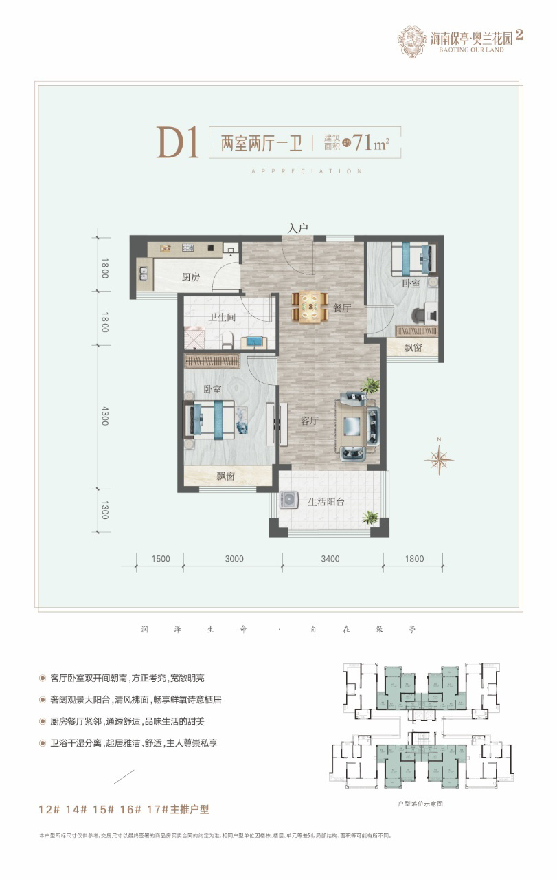 奥兰花园 洋房 D1户型 两室两厅-卫 建筑面积71㎡