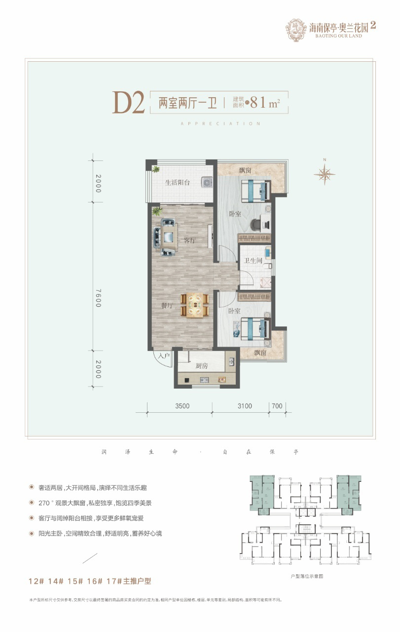 奥兰花园 洋房 D2户型 两室两厅-卫 建筑面积81㎡