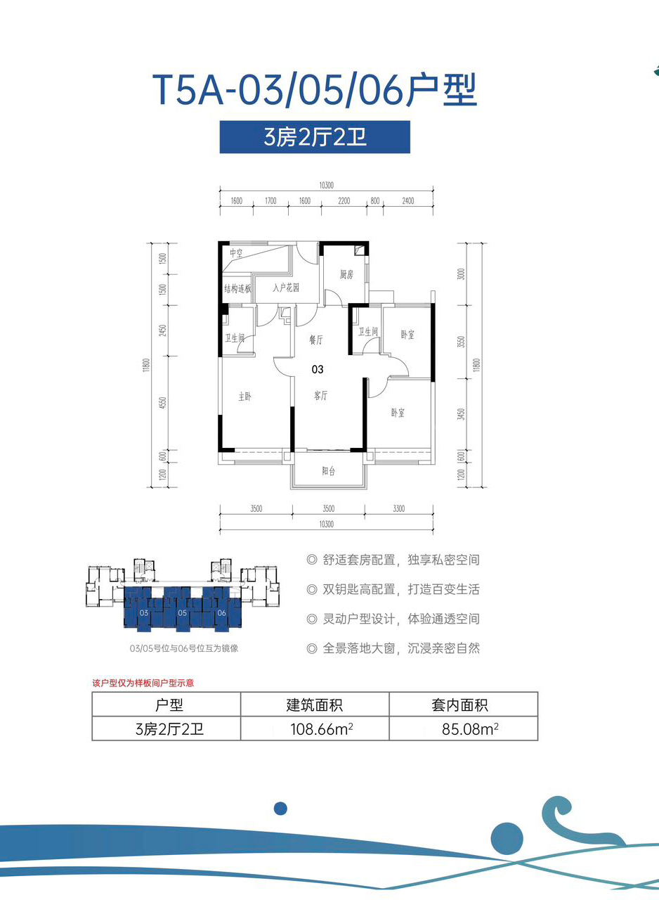 清水湾蔚蓝星宸 高层 T5A-03/05/06户型 3房2厅2卫 建筑面积 108.66㎡