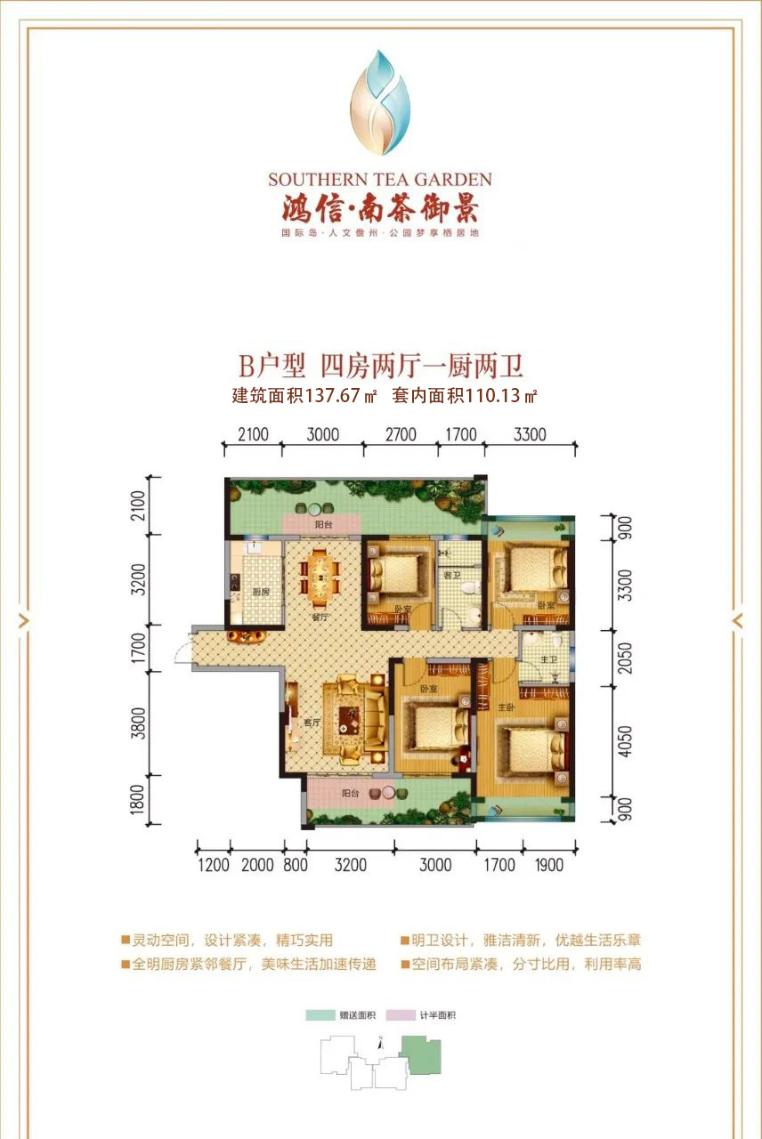 鸿信·南茶御景 高层 B户型 4房2厅2卫 建面137.67㎡