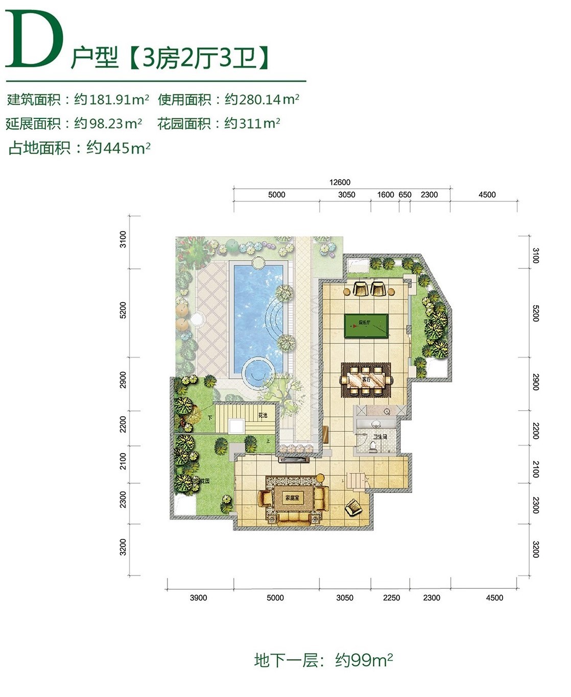 鲁能三亚湾高二区 独栋 D户型3房2厅3卫地下