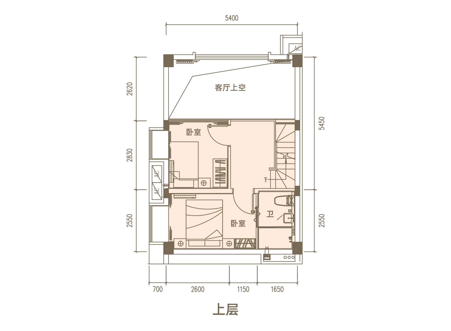 兴隆&middot;依山云锦 loft C1户型 三房两厅两卫 建面约64㎡ 上层