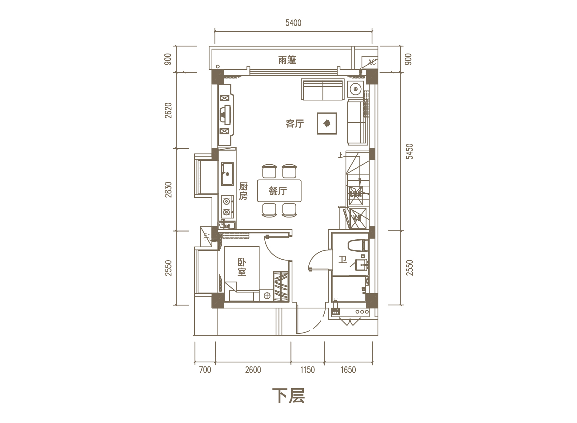 兴隆&middot;依山云锦 loft C1户型 三房两厅两卫 建面约64㎡ 下层