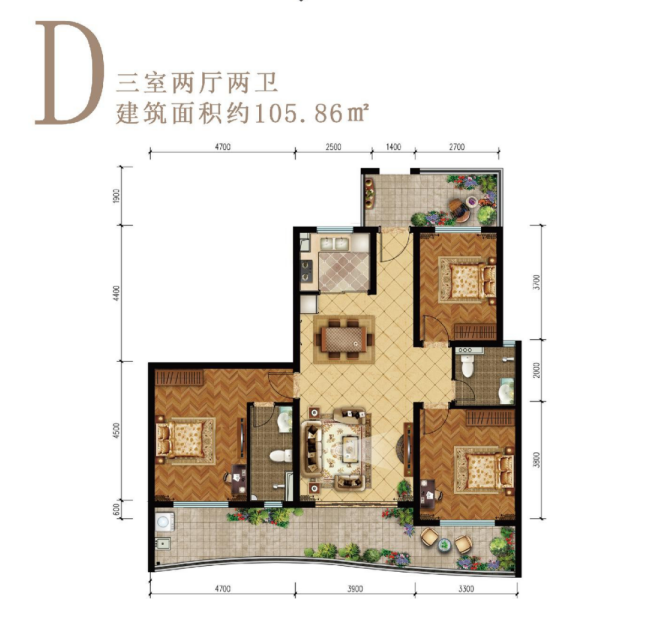 中铁龙沐湾一号 高层 D户型三房两厅两卫105.86㎡