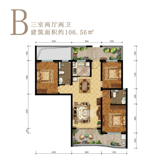 中铁龙沐湾一号 高层 B户型三房两厅两卫106.56㎡
