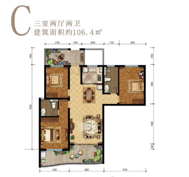 中铁龙沐湾一号 高层 C户型三房两厅两卫106.4㎡