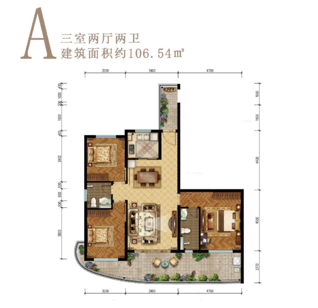中铁龙沐湾一号 高层 A户型三房两厅两卫106.54㎡