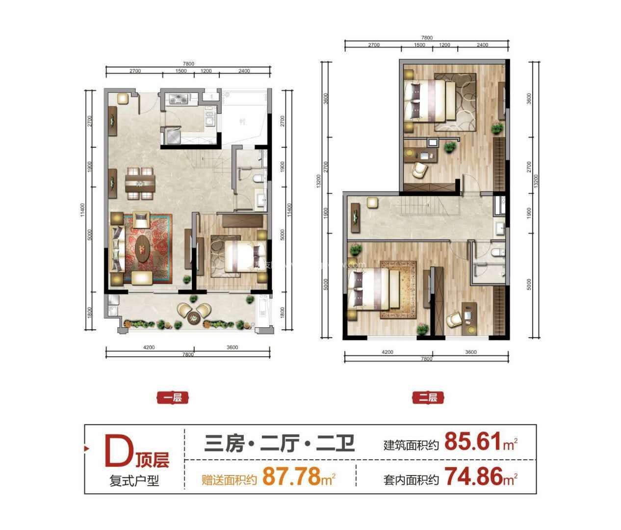 开维生态城d顶层复式户型 3室2厅2卫1厨 建面85㎡