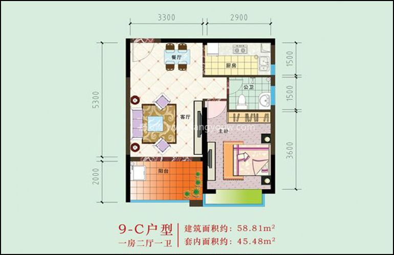 四季康城二期9-c户型1房2厅1卫1厨58.81㎡