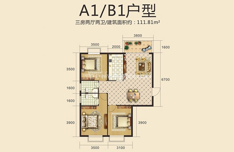 高层 A1户型 3室2厅2卫1厨 建面111.81㎡