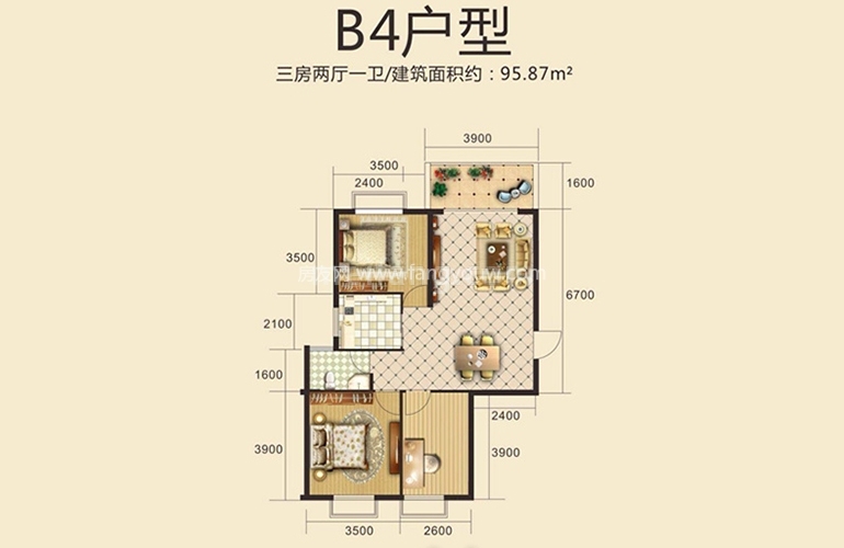 高层 B4户型 3房2厅1卫1厨 建面95.87㎡