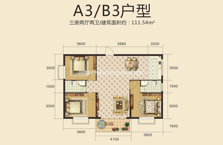 高层 A3户型 3房2厅2卫1厨 建面111.54㎡
