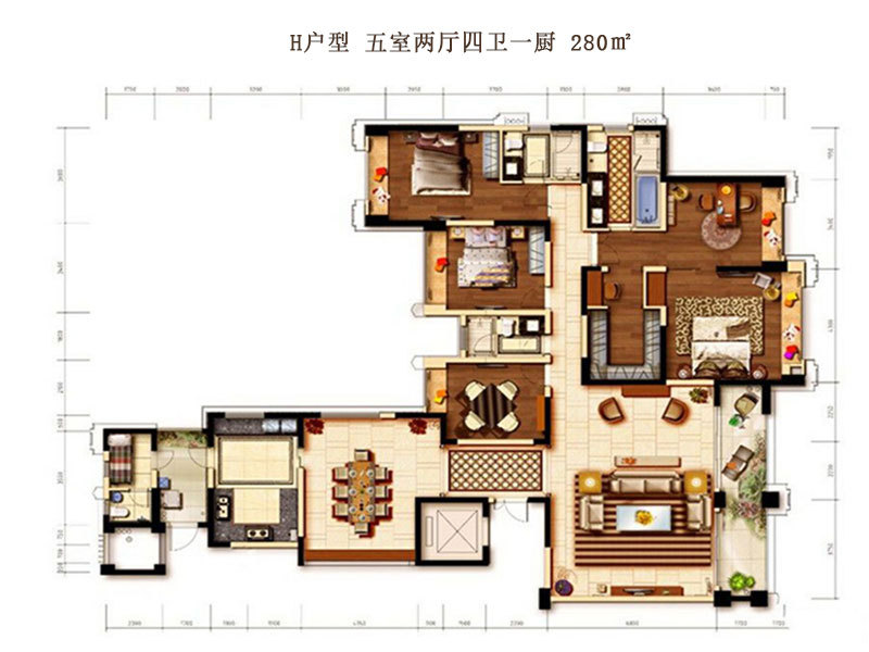 天誉花园21,22,23号楼 h户型-五室两厅四卫一厨-280㎡