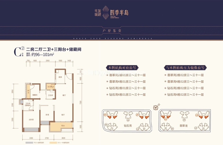 华发四季 C2户型 二房二厅二卫三阳台96㎡