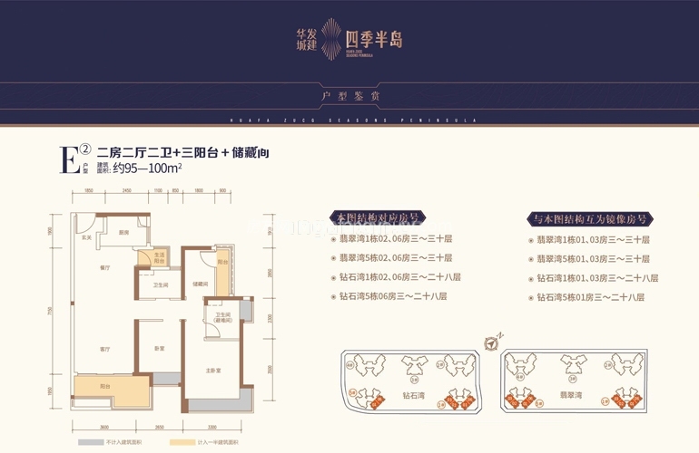 华发四季 E2户型 二房二厅二卫三阳台 95㎡