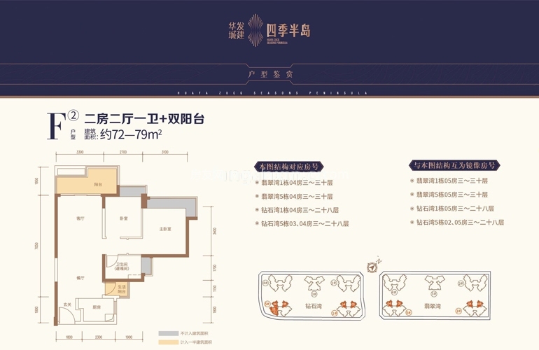 华发四季 F2户型 二房二厅一卫二阳台 72㎡