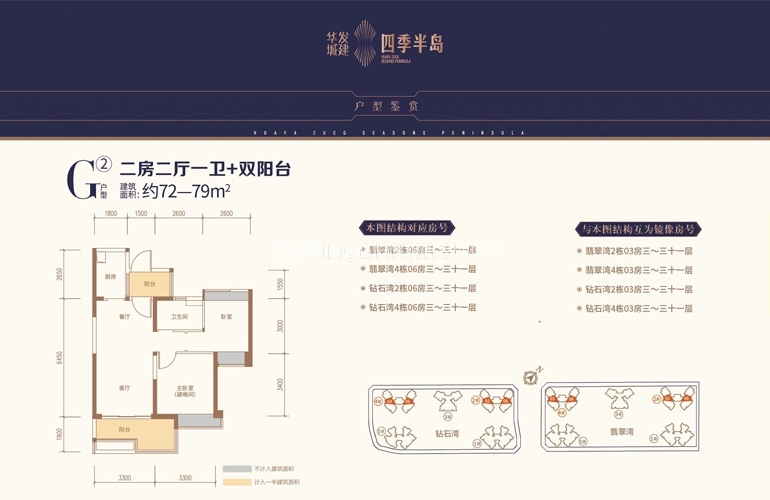 华发四季 G2户型 二房二厅一卫二阳台 72㎡