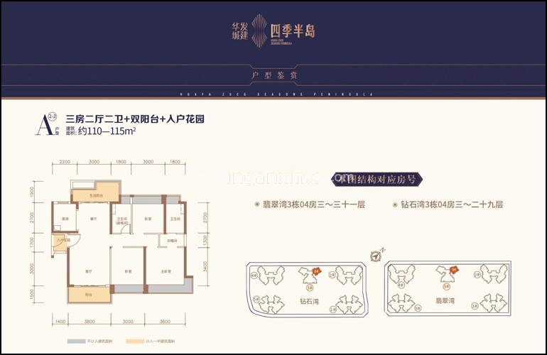 华发四季 A2-2户型 3房2厅2卫2阳台 115㎡