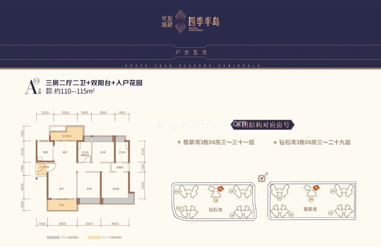 华发四季 A2-2户型 3房2厅2卫2阳台 115㎡