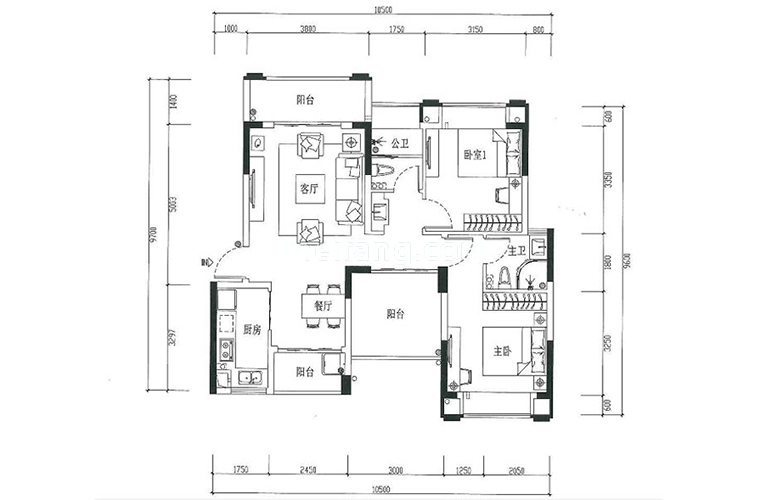 6-02户型 2室2厅2卫1厨 建面92㎡