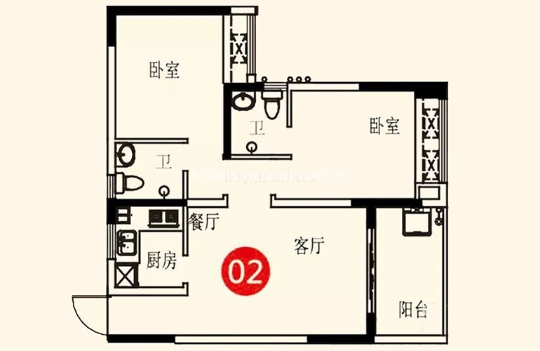 德瑞花园 6-02户型 2室2厅2卫1厨 67㎡