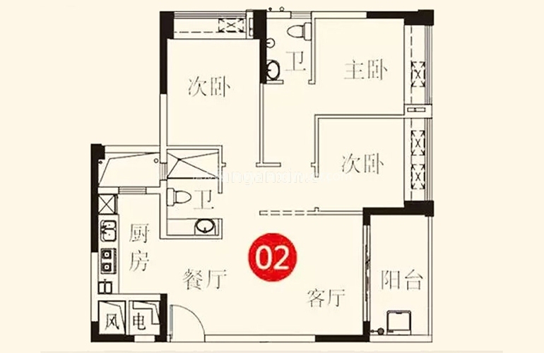 德瑞花园 1-02户型 3室2厅2卫1厨 89㎡