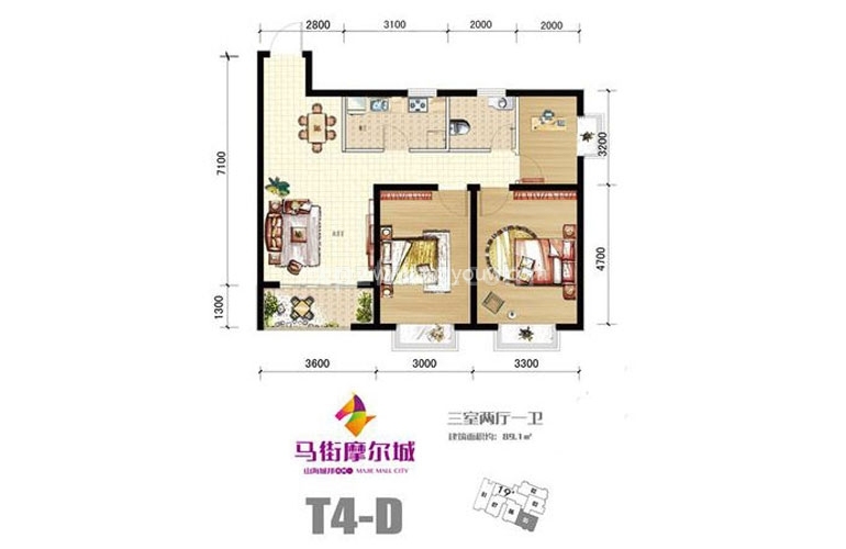 T4-D户型 3室2厅1卫1厨 89m²
