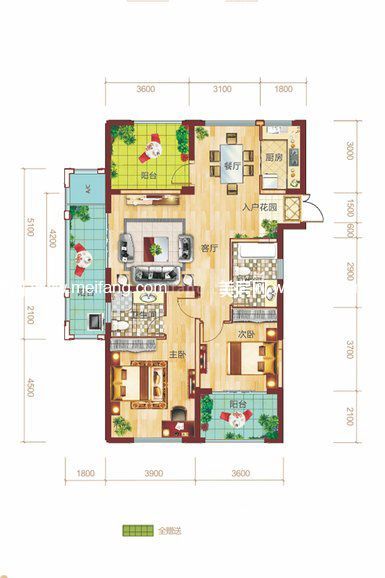 1#0104户型 2室2厅2卫1厨 建筑面积123