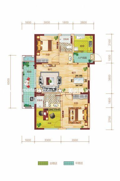 5#、6#01户型 2室2厅2卫1厨 建筑面积88