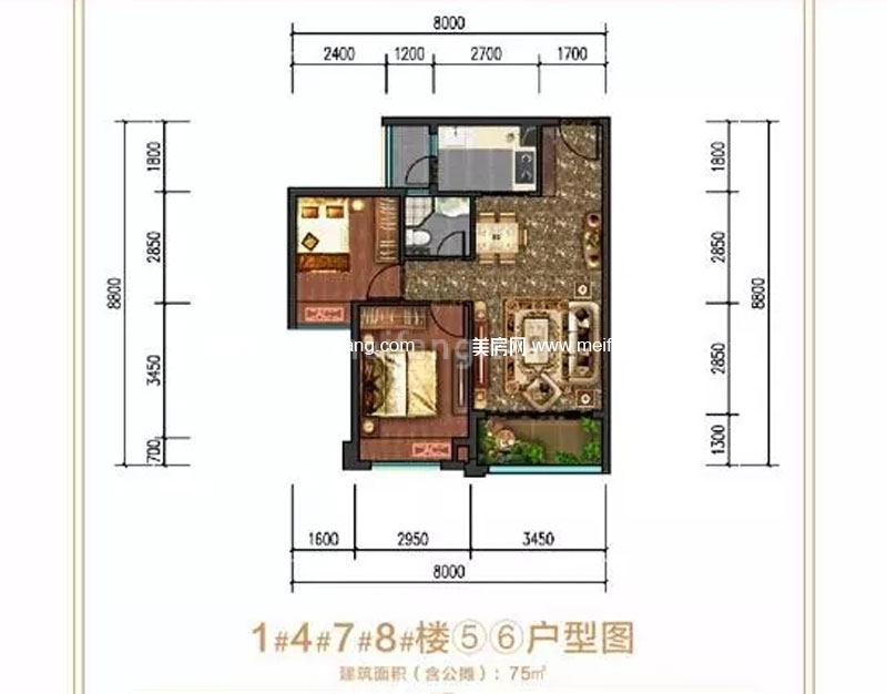 新科桃园56户型 2房2厅1厨1卫 75㎡