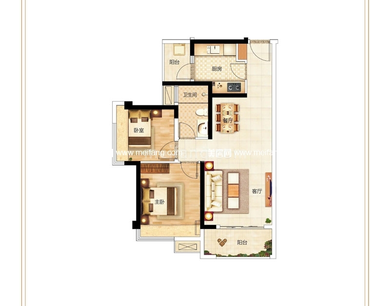 E户型 2房2厅1卫1厨 77㎡
