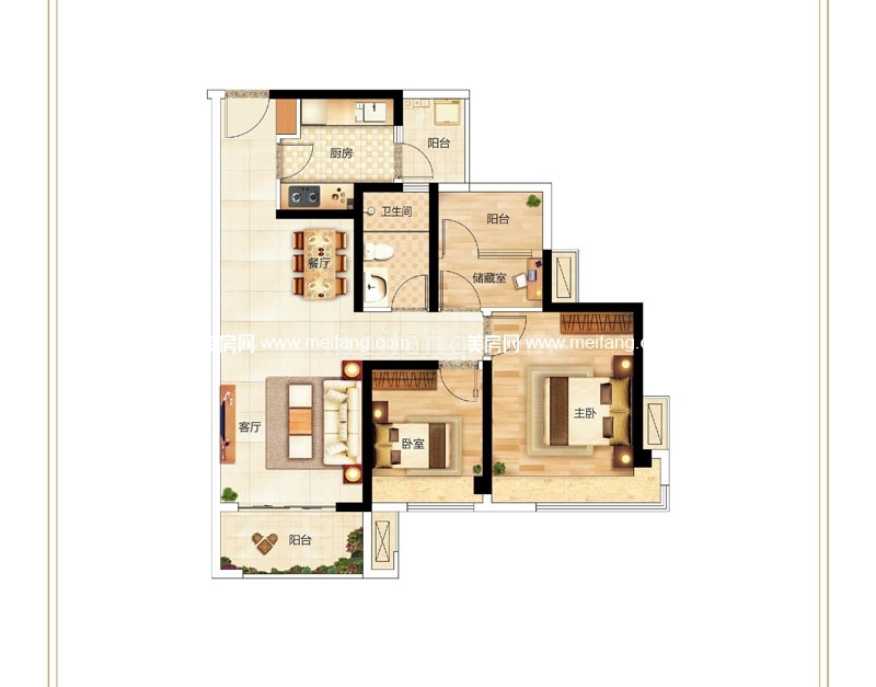 F户型 2房2厅2卫1厨 89㎡