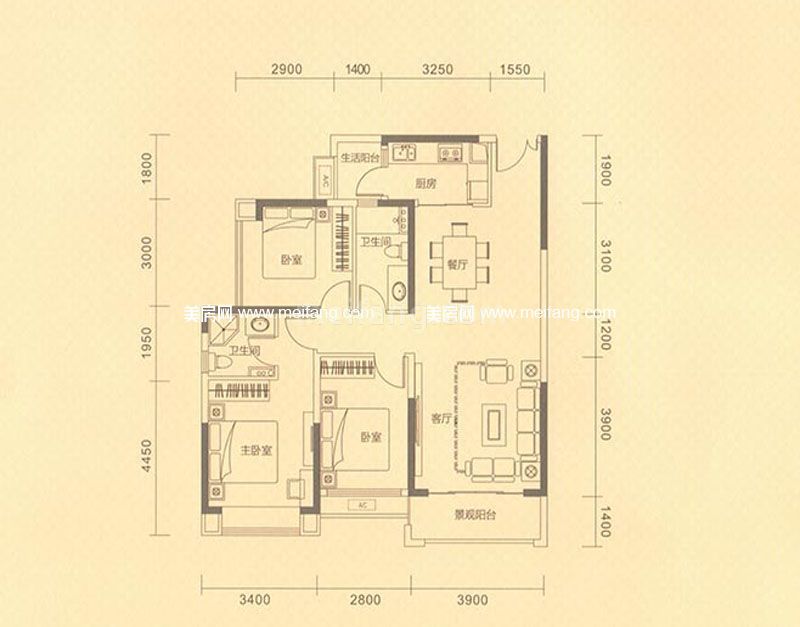 星城翠珑湾一期G户型 3室2厅2卫 101㎡