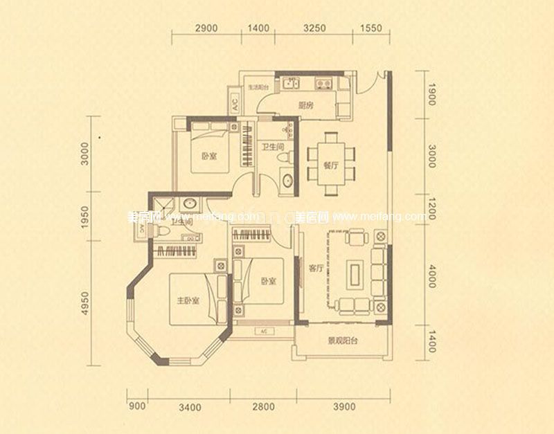星城翠珑湾一期M户型 3室2厅2卫 107㎡