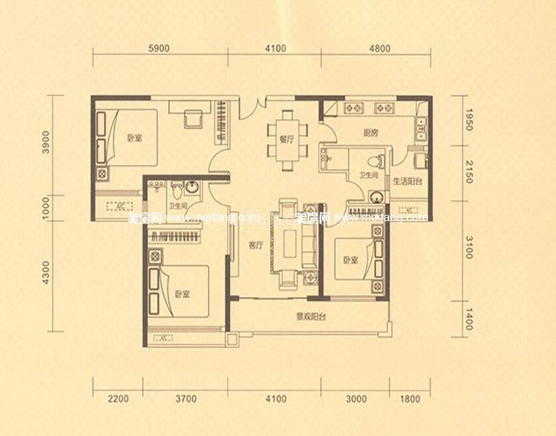 星城翠珑湾一期W户型 3室2厅2卫 119㎡