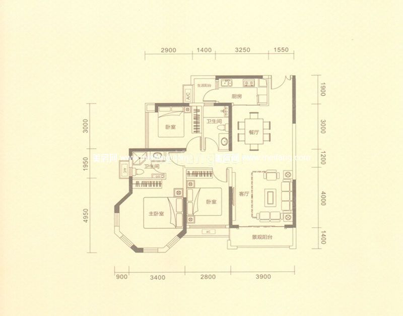 星城翠珑湾一期M户型 3室2厅2卫 106㎡