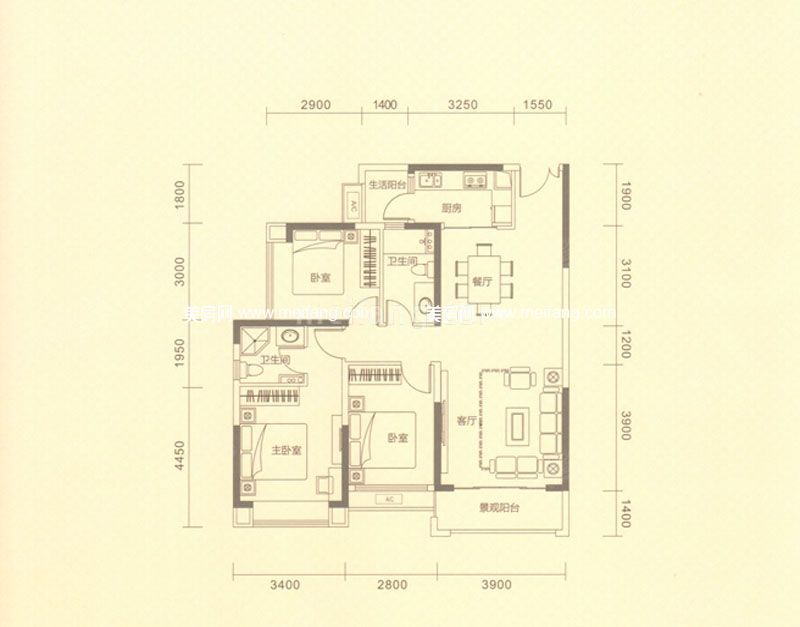星城翠珑湾一期G户型 3室2厅2卫 100㎡