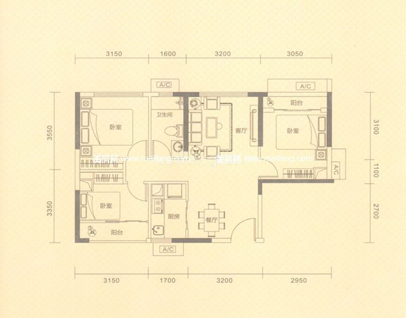 星城翠珑湾一期L户型 3室2厅1卫 68㎡