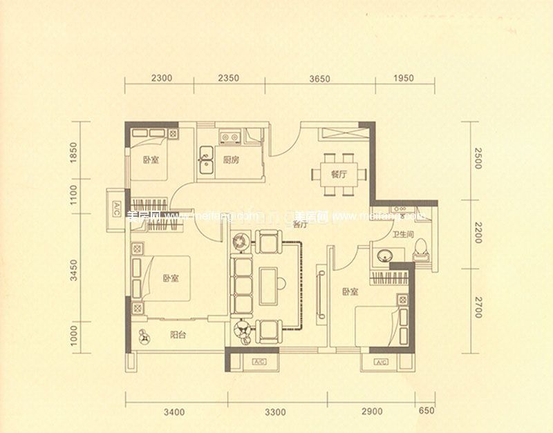 星城翠珑湾一期P户型 3室2厅1卫 93㎡