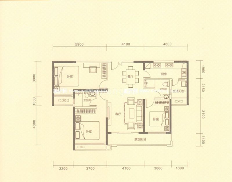 星城翠珑湾一期W户型 3室2厅2卫 116㎡