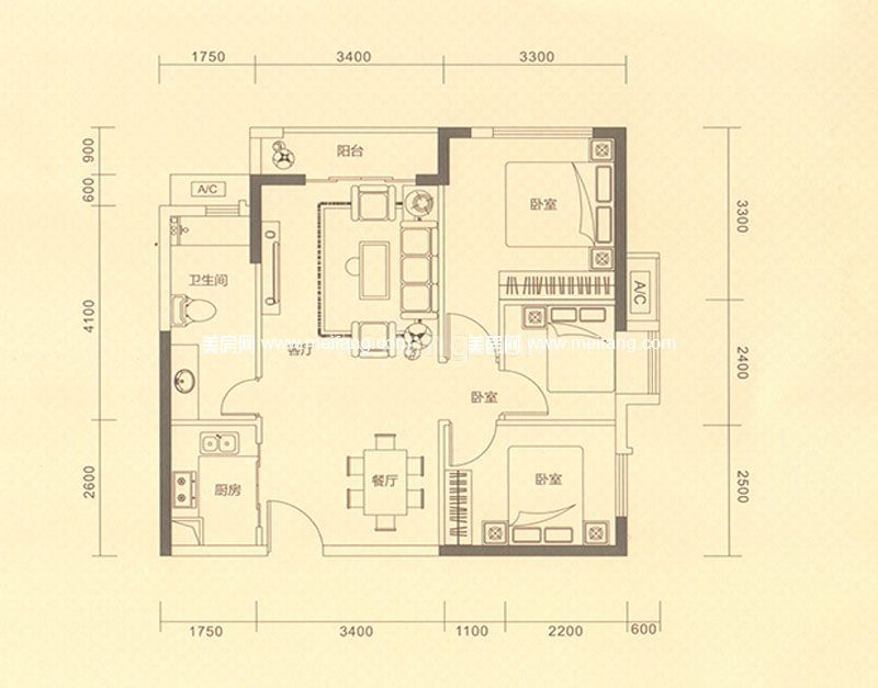 星城翠珑湾一期G户型 3室2厅1卫 80㎡