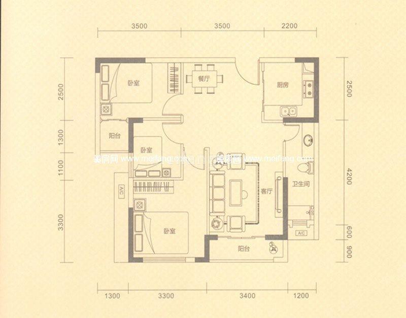 星城翠珑湾一期G户型 3室2厅1卫 82㎡