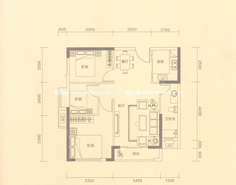 星城翠珑湾一期L户型 3室2厅1卫 77㎡