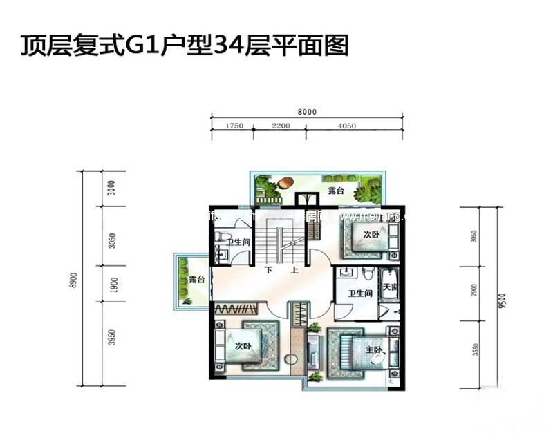 顶层复式G1户型34层平面图